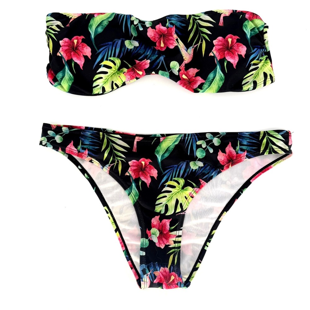 Tropical Floral Hummingbird Bandeau Bikini Set‎ Black Pink Green Womens Size M